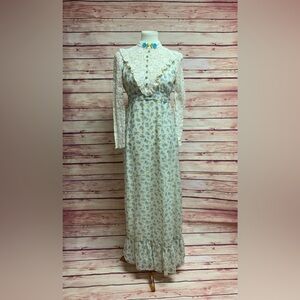 Vintage Floral High Neck Crochet Long Sleeve Prairie Dress